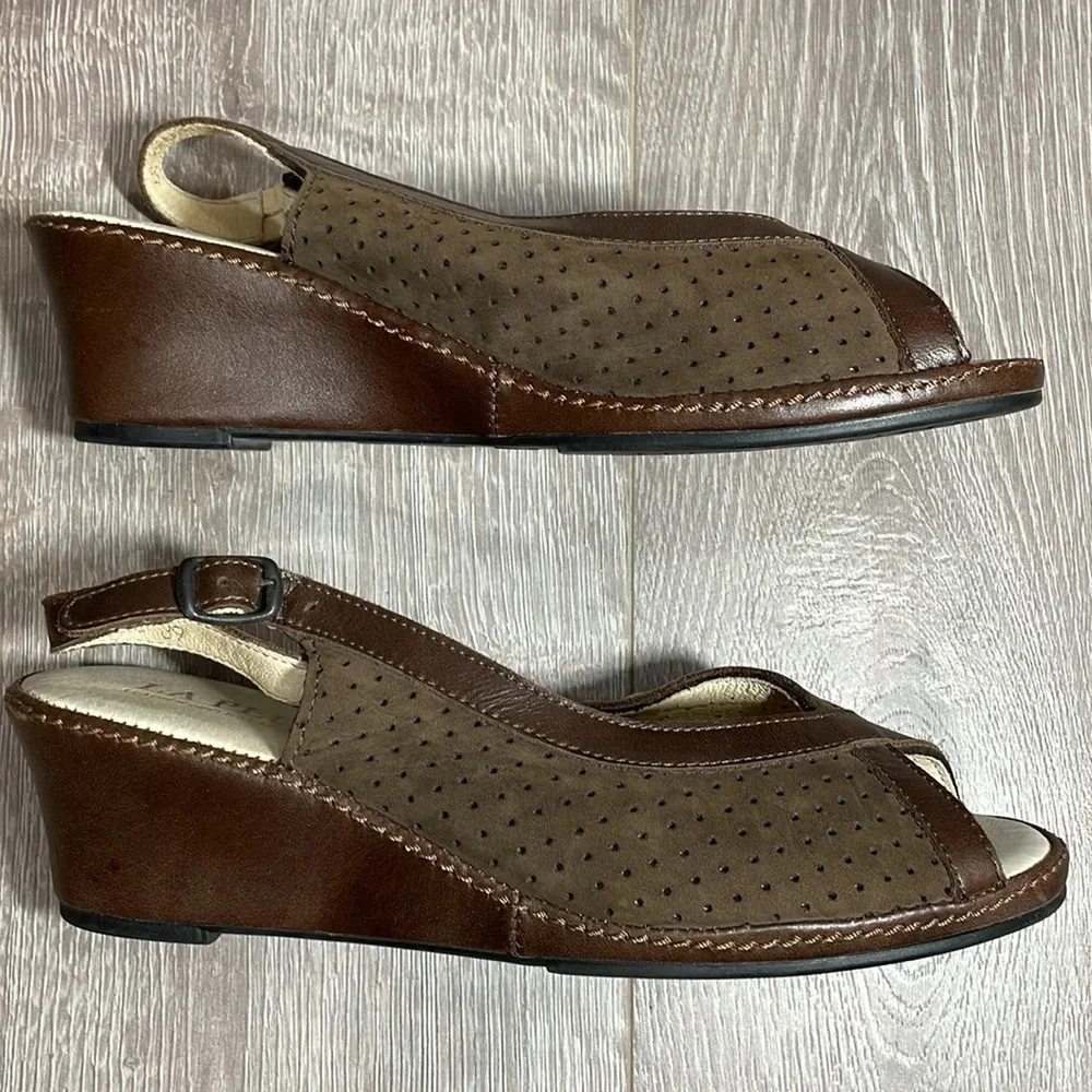 La Plume Leather Brown Slingback Wedge Open Toe Sandals 39 (9 US)